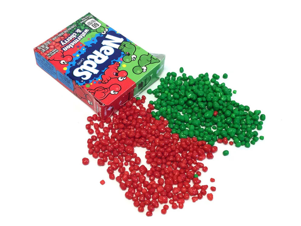 Nerds watermelon cherry candies Yamann red and green in a scattered box