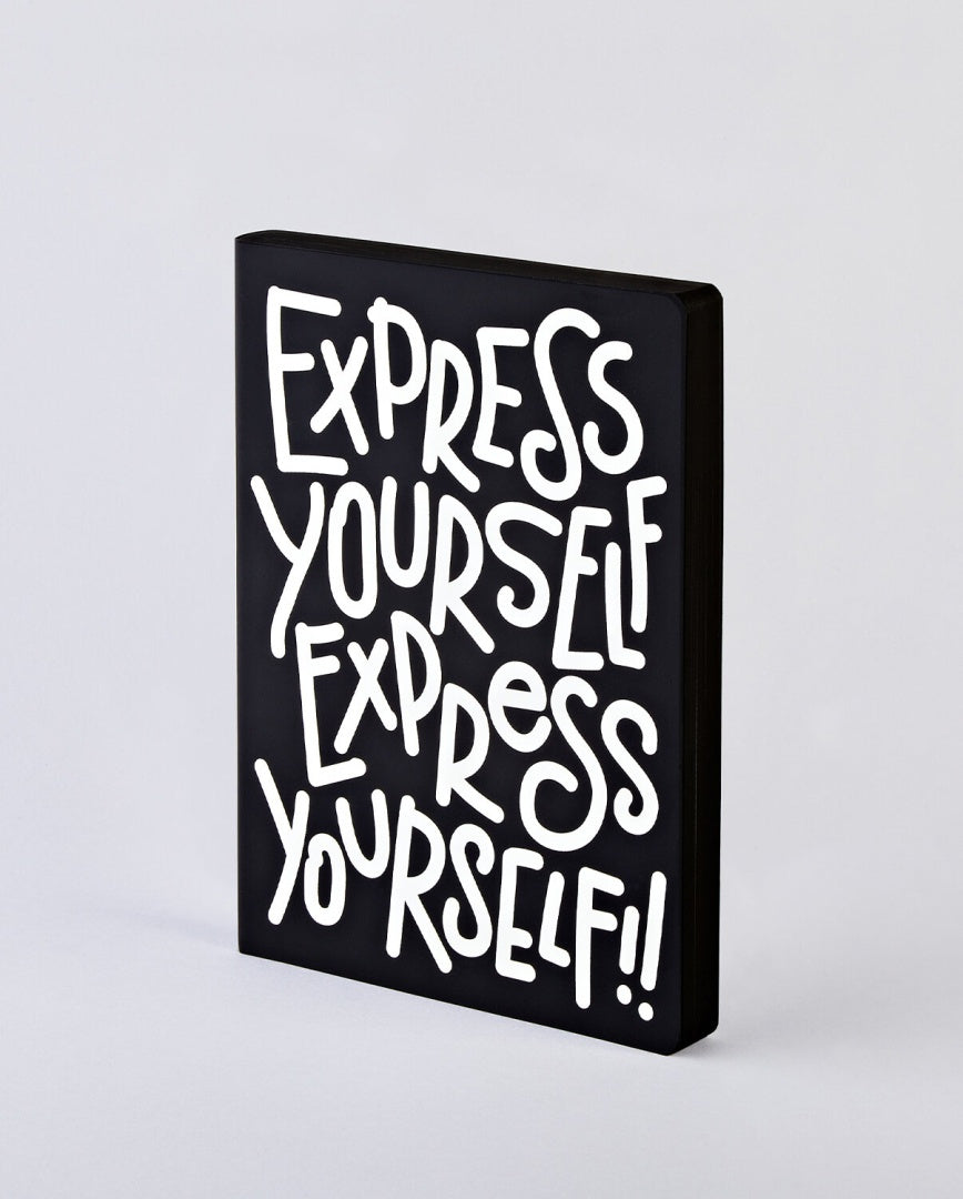 Czarny notatnik kreatywny z białym nadrukiem Express Yourself od BV JACOB COMPANY