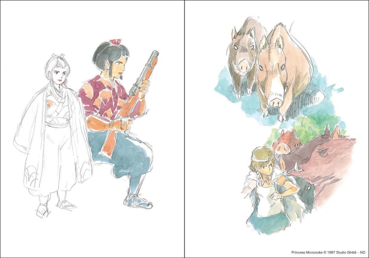 Ilustracje z notatnika Księżniczka Mononoke przedstawiające bohaterów i zwierzęta z filmu