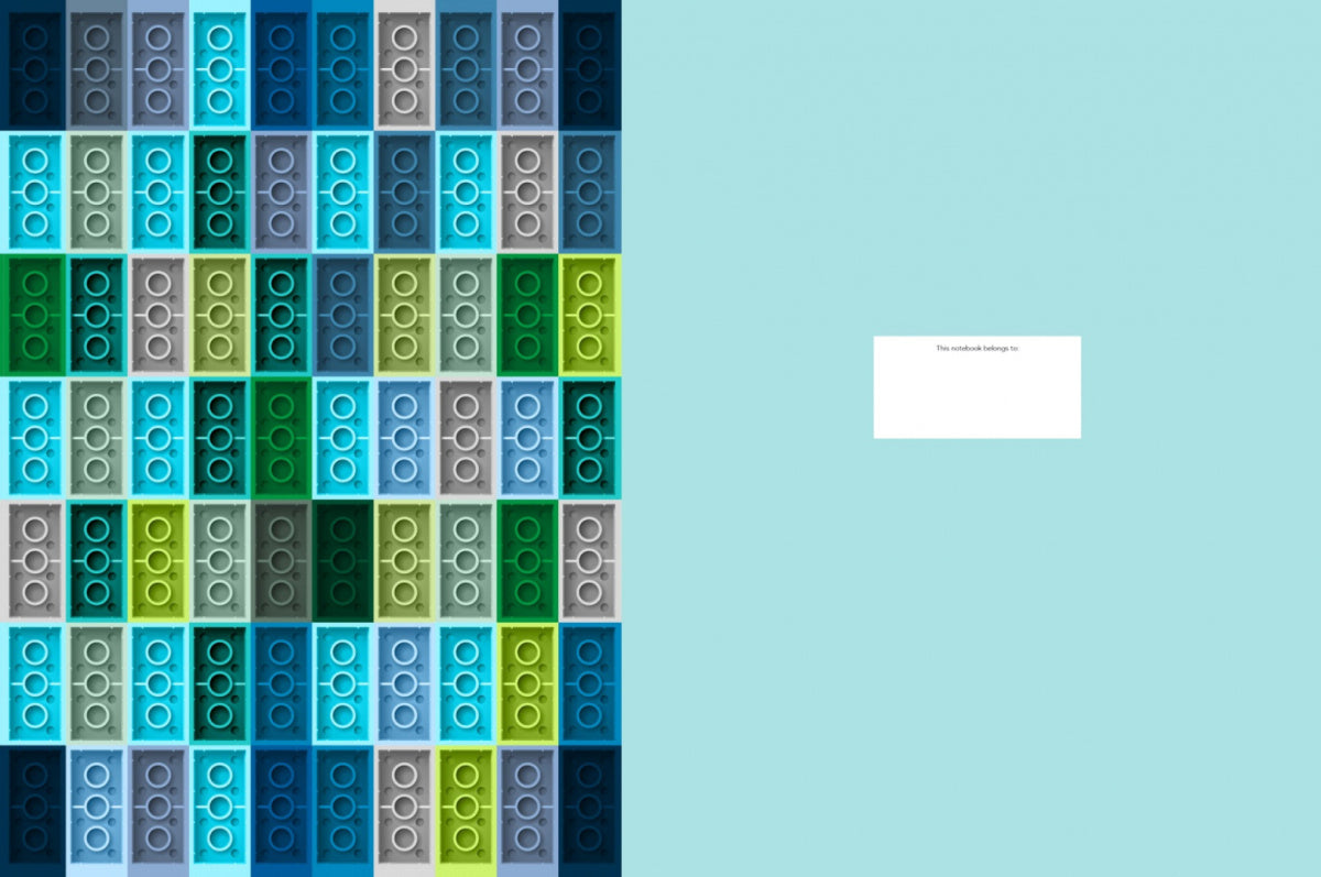 Kolorowy notatnik LEGO z motywem klocków w różnych odcieniach niebieskiego i zielonego
