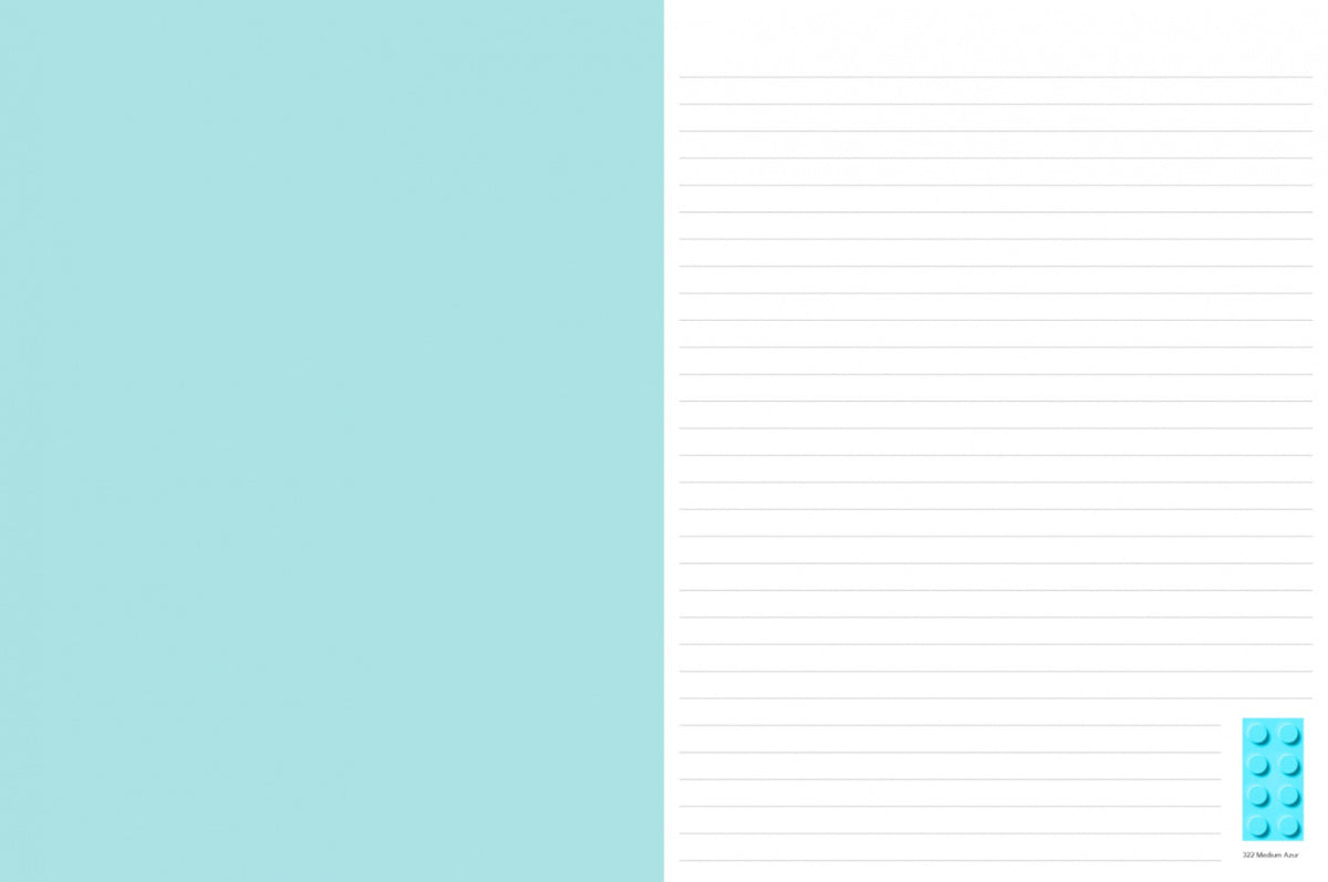 notatnik LEGO z niebieską okładką i liniowanymi kartkami do zapisywania notatek