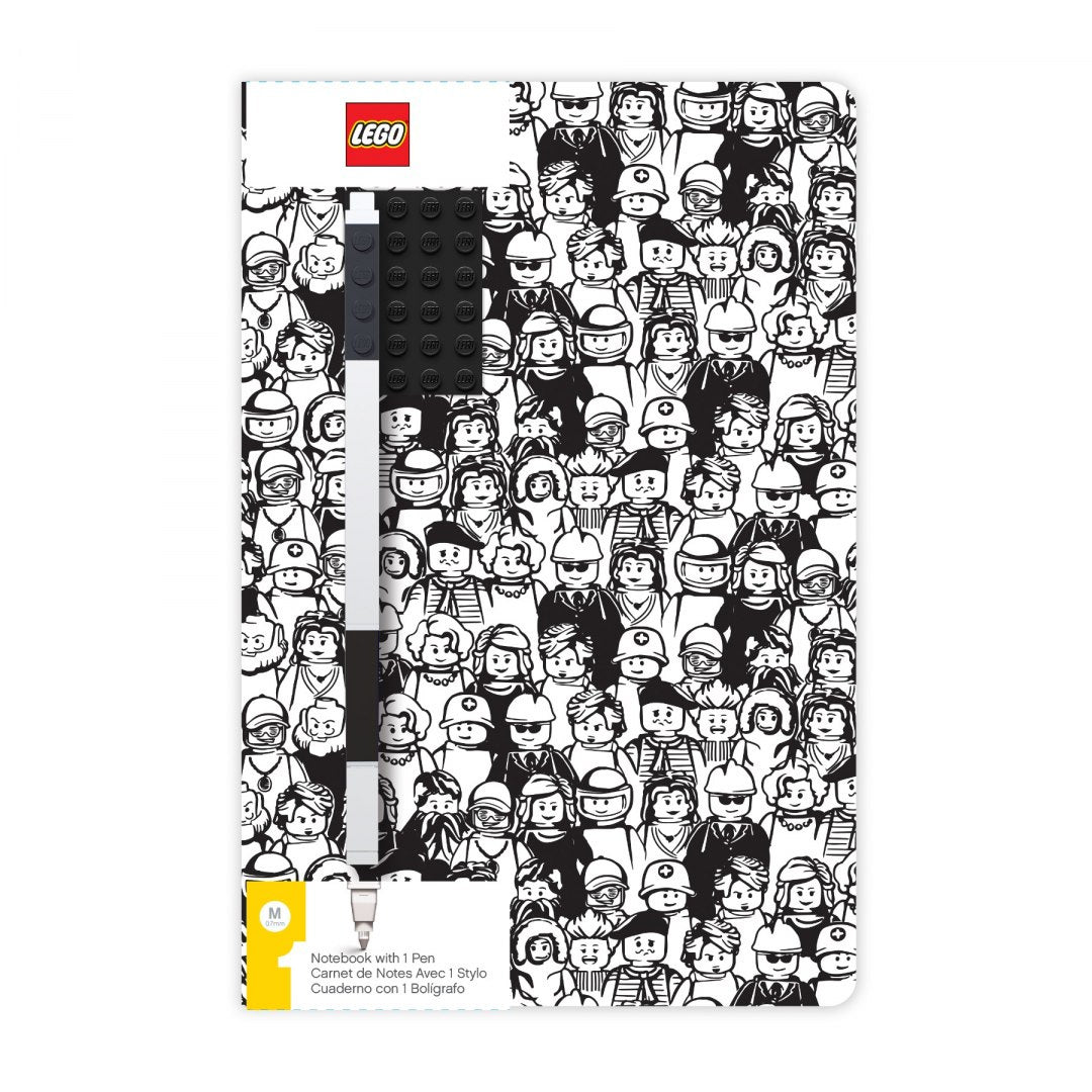 Notatnik LEGO Minifigures z długopisem i czarno-białą okładką z postaciami LEGO