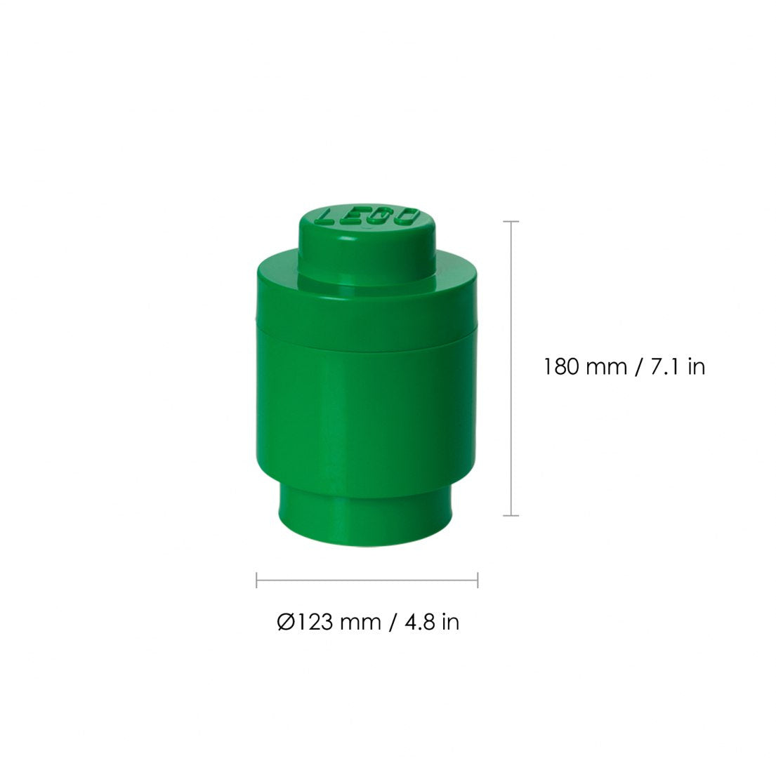 Okrągły pojemnik LEGO zielony o wymiarach 180 mm wysokości i 123 mm średnicy