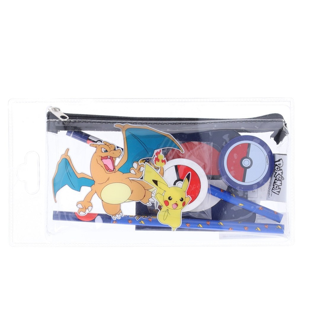 Pokémon-Mäppchen mit Zubehör im Charizard- und Pikachu-Motiv in transparenter Verpackung.