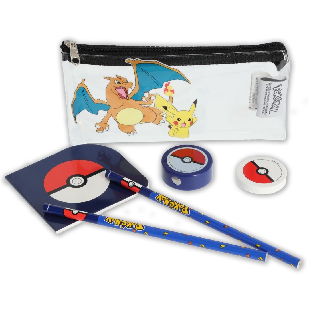 Pokémon-Mäppchen mit Zubehör mit den Charakteren Charizard und Pikachu sowie Schreibutensilien.