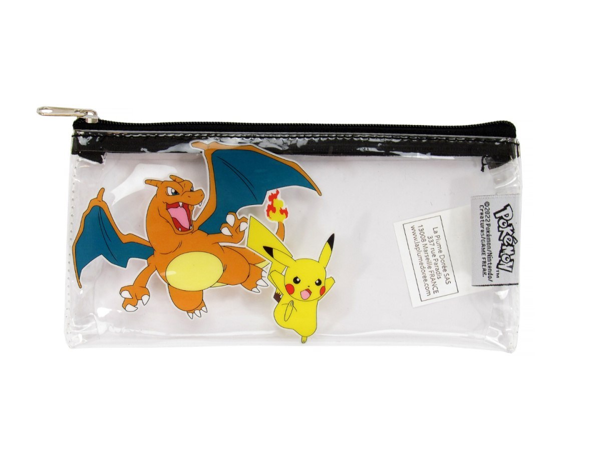 Transparentes Pokémon-Mäppchen mit Zubehör mit dem Druck von Charizard und Pikachu von Yamann.
