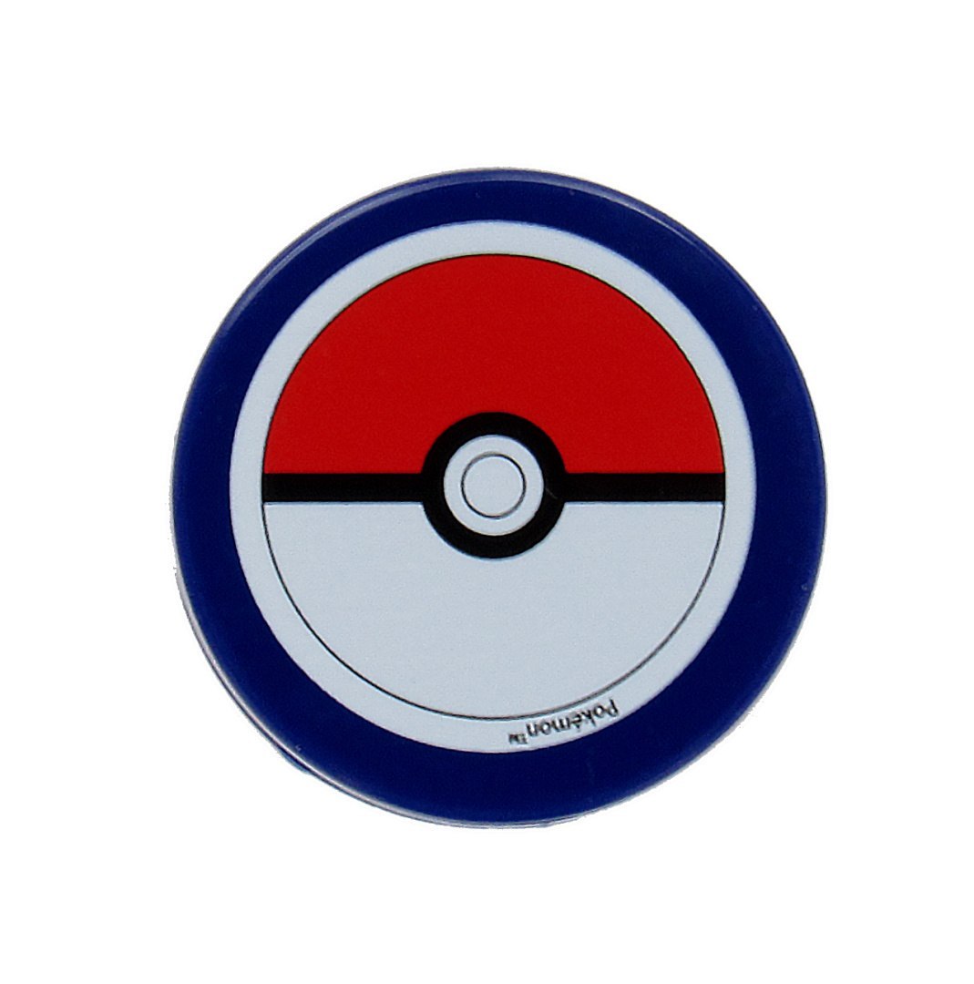Rundes Pokémon-Mäppchen mit Zubehör im Pokéball-Motiv auf blauem Hintergrund.
