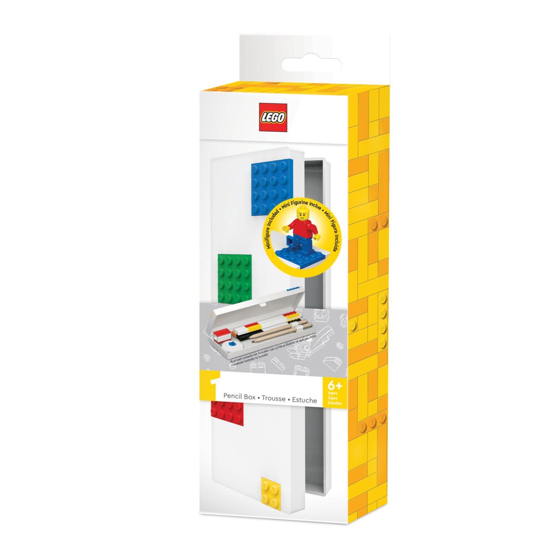 Piórnik LEGO z minifigurką w białym kolorze z kolorowymi klockami do przechowywania przyborów szkolnych