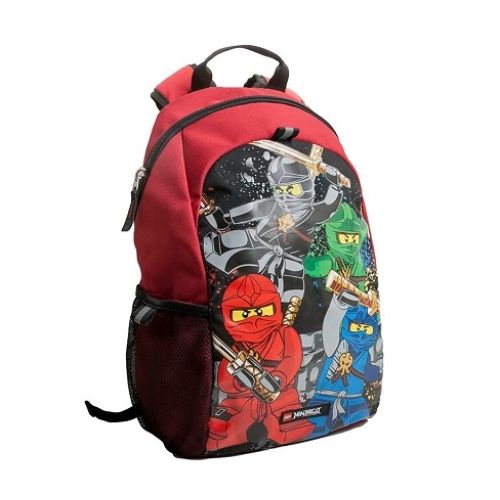 Czerwony plecak LEGO Ninjago dla dzieci z kolorowymi postaciami ninja i regulowanymi paskami