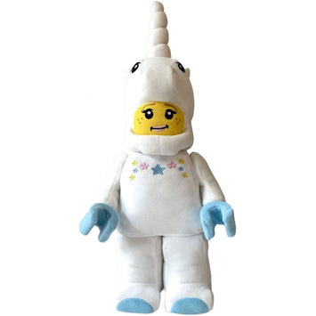 pluszak LEGO jednorożec w białym kostiumie z różowymi i niebieskimi gwiazdkami oraz dużym rogiem na głowie
