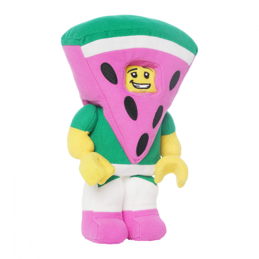 Pluszak LEGO arbuz z miękkiego materiału w kształcie różowego plasterka arbuza z twarzą minifigurki LEGO