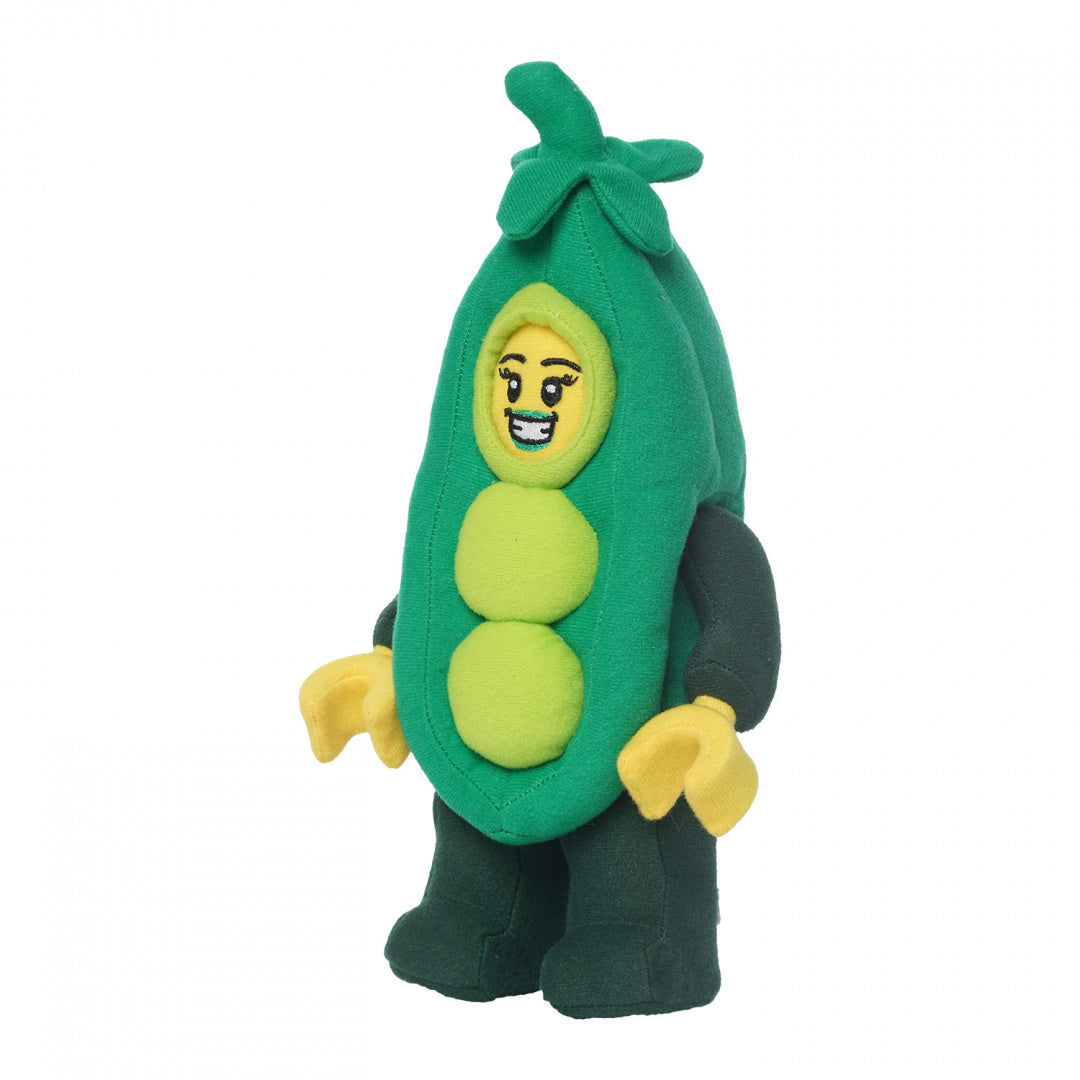 Pluszak LEGO Groszek w zielonym kostiumie groszku z żółtą twarzą i uśmiechem