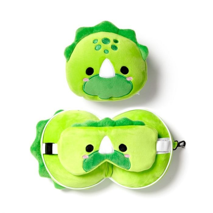 Pluszowa poduszka podróżna dinozaur w zielonym kolorze z maską na oczy i etui od Puckator