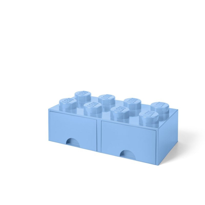 Niebieska szuflada LEGO na klocki w kształcie dużej kostki LEGO z dwiema przegródkami