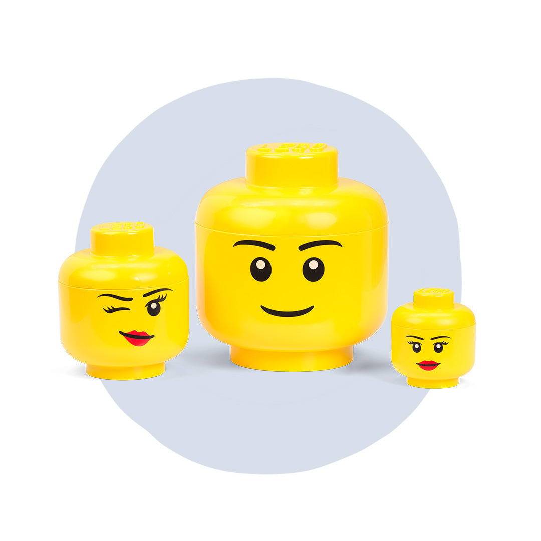 Żółty pojemnik LEGO duża głowa chłopiec z uśmiechniętą twarzą do przechowywania klocków