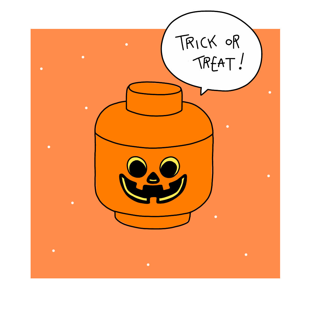 Pomarańczowy pojemnik LEGO dynia z uśmiechniętą twarzą dyni na Halloween