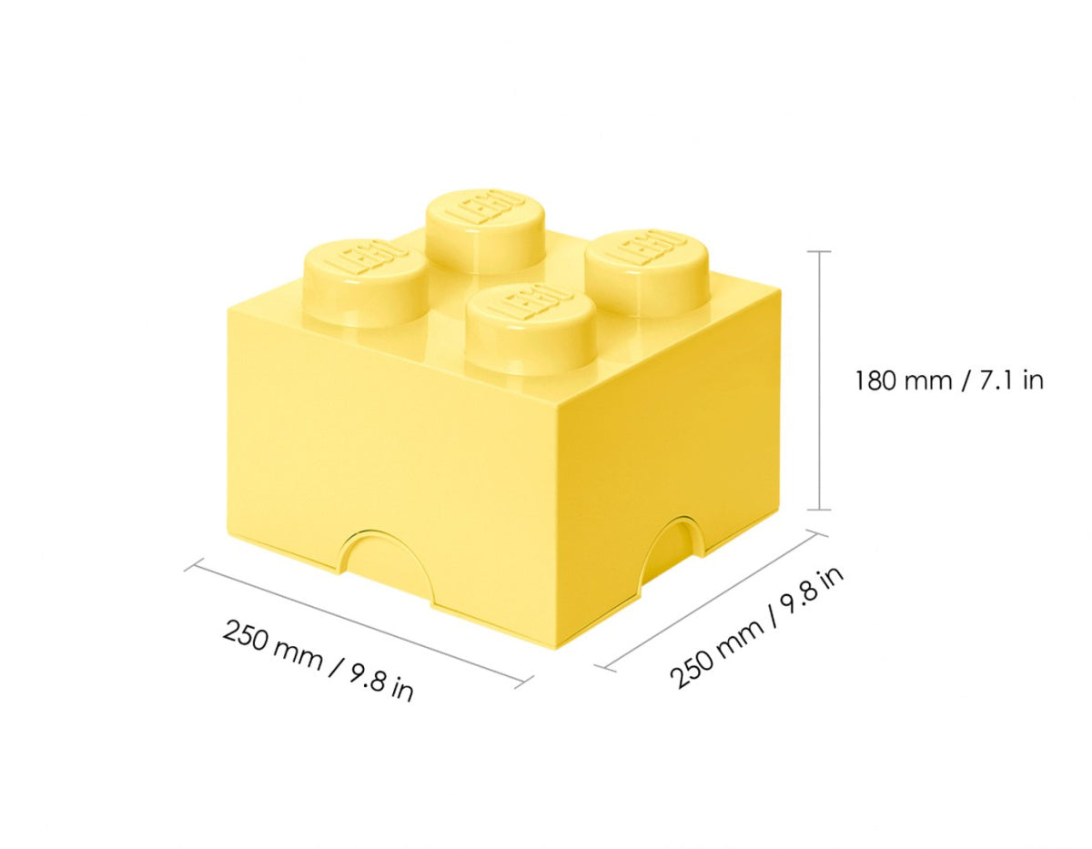 Żółty pojemnik LEGO na klocki w kształcie dużej kostki z czterema wypustkami