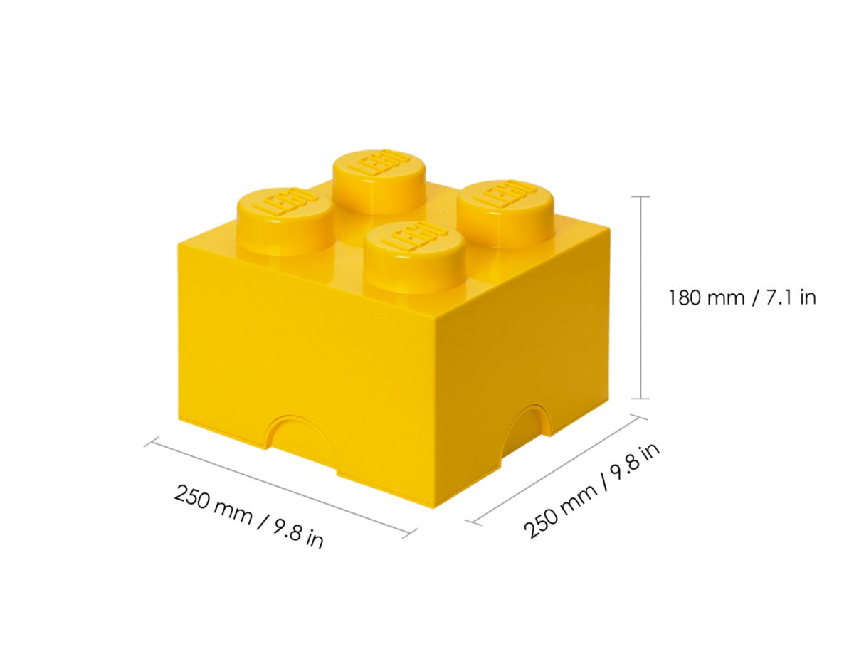 Żółty pojemnik LEGO na zabawki w kształcie klocka z wymiarami 250x250x180 mm