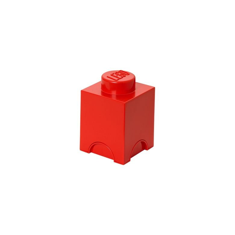 Czerwony pojemnik LEGO na klocki w kształcie dużego klocka z logo LEGO na wieczku