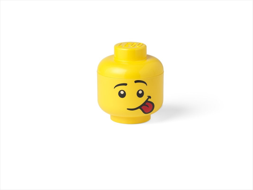 LEGO pojemnik głowa LEGO chłopiec w żółtym kolorze z uśmiechniętą twarzą i wystawionym językiem