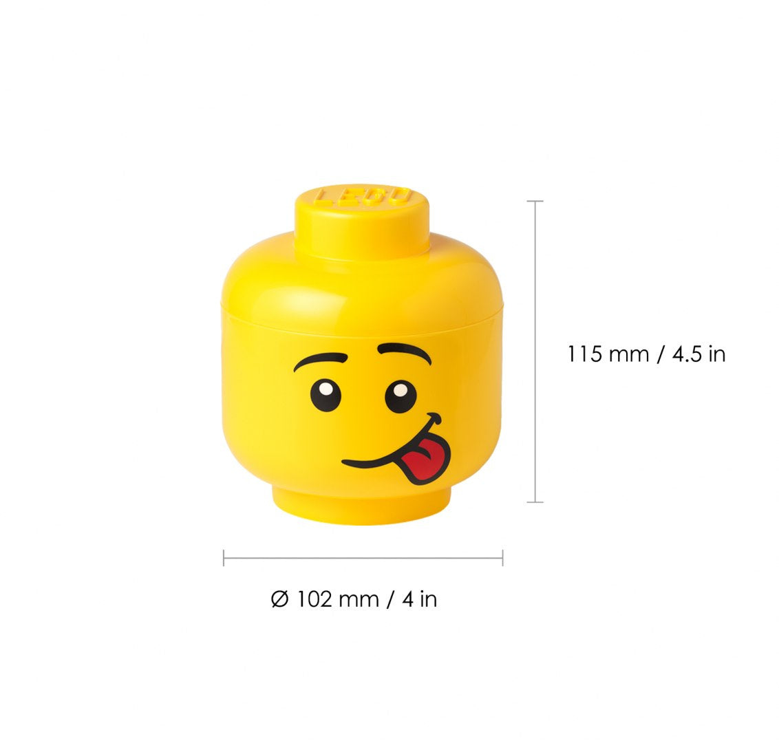 Żółty pojemnik głowa LEGO chłopiec z zabawnym wyrazem twarzy i wymiarami 115 mm na 102 mm