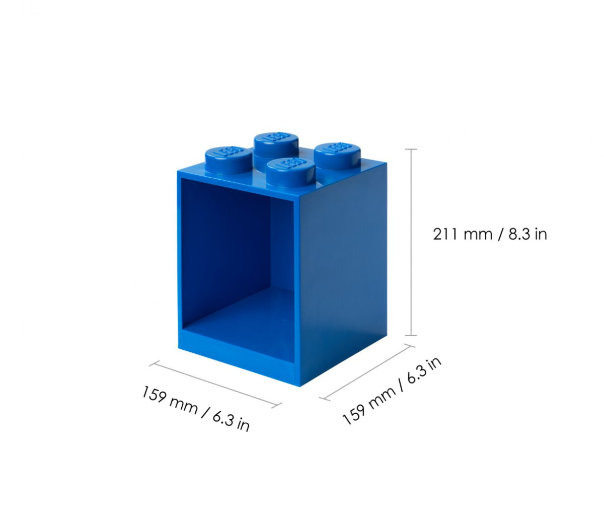 Niebieska półka LEGO Brick 4 w kształcie klocka do przechowywania z wymiarami