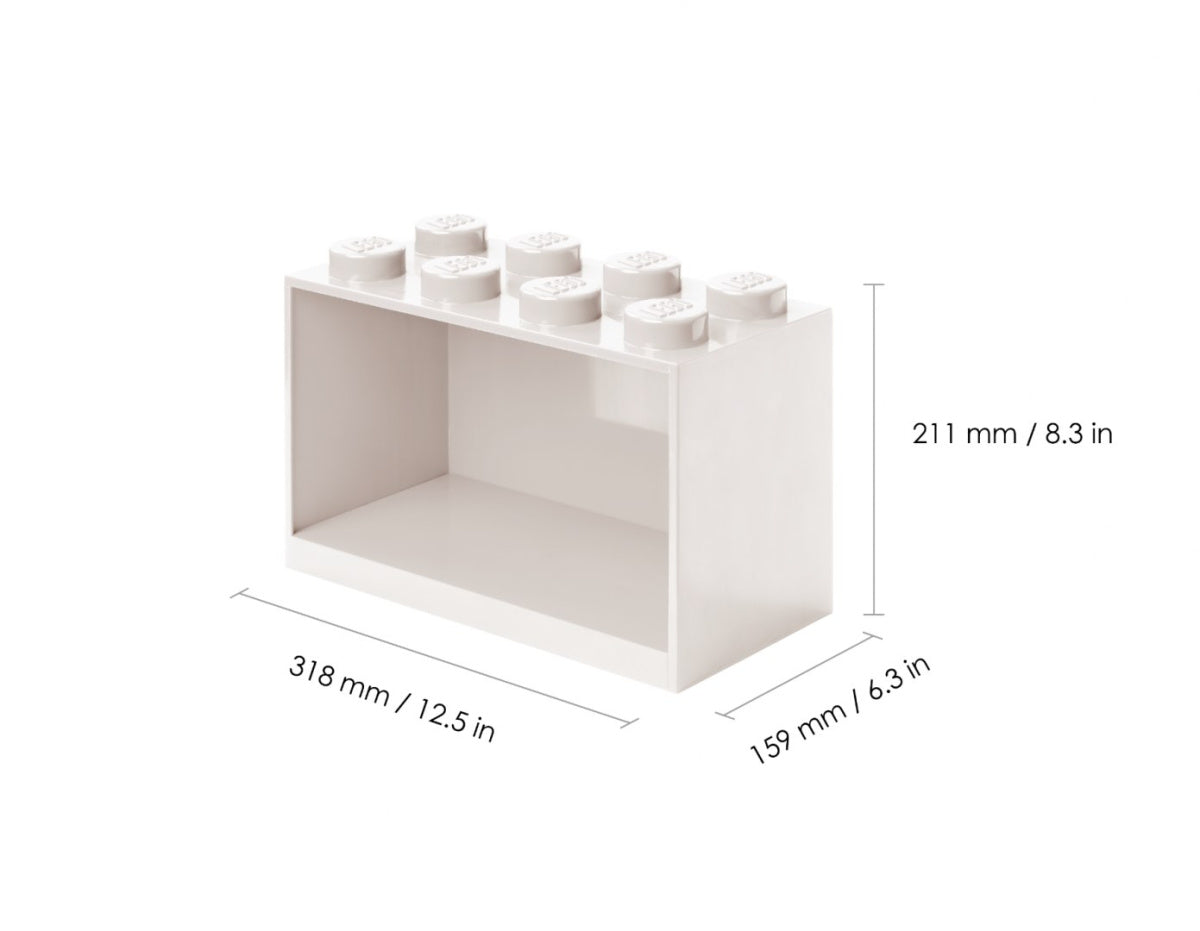 Biała półka LEGO w kształcie klocka z ośmioma wystającymi elementami do przechowywania