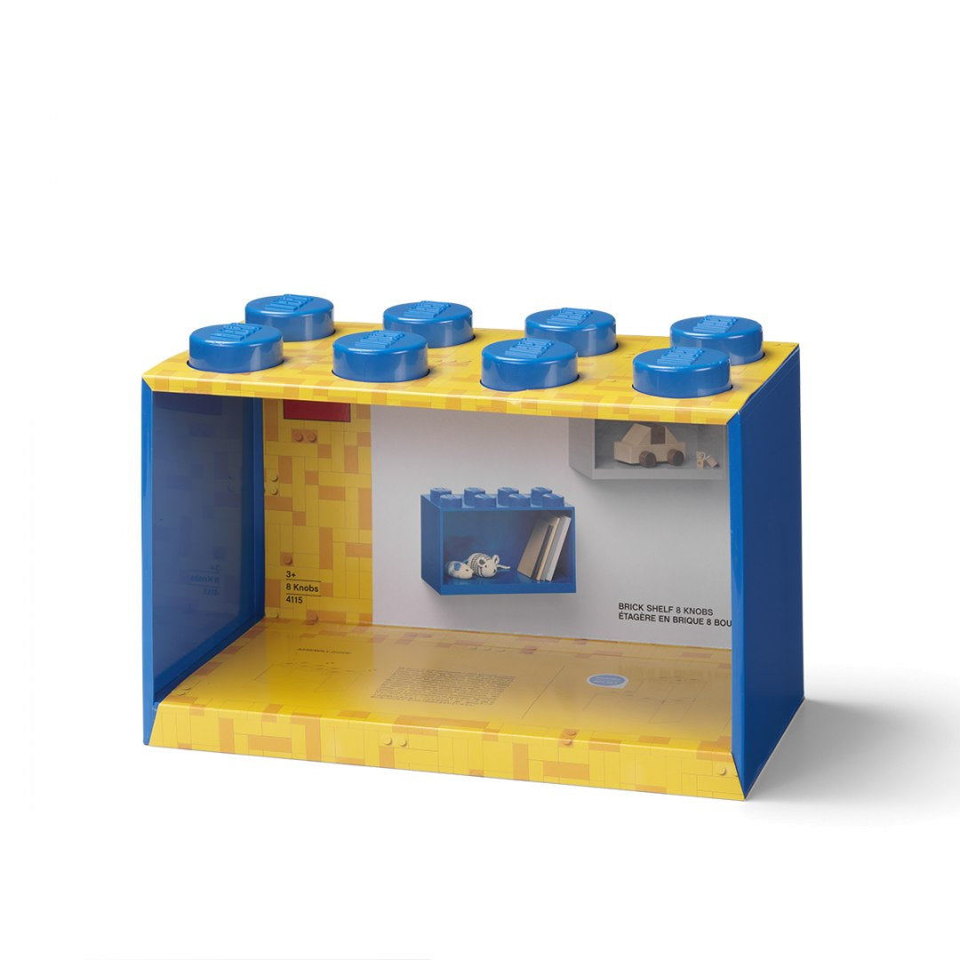 Kolorowa półka LEGO na zabawki w kształcie dużej niebieskożółtej klockowej kostki