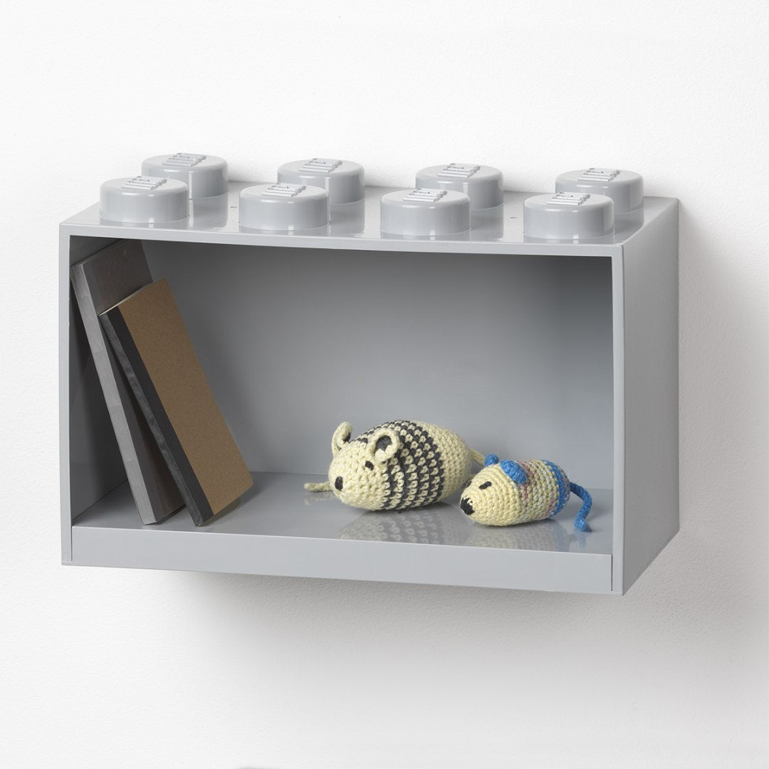 Szara półka LEGO BRICK 8 z miejscem do przechowywania książek i zabawek na ścianie