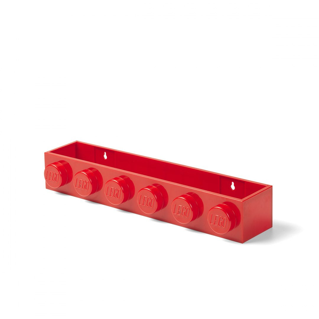 Czerwona półka LEGO czerwona w kształcie dużej cegiełki do przechowywania z logo LEGO