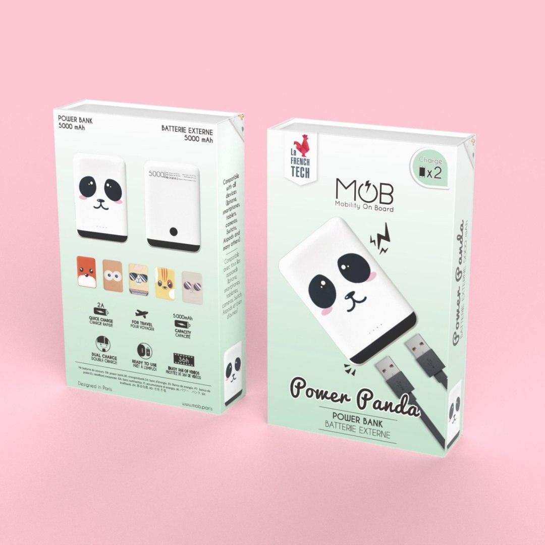 Powerbank panda 5000 mah Yamann z uroczym wzorem pandy w białym etui z dwoma kablami USB