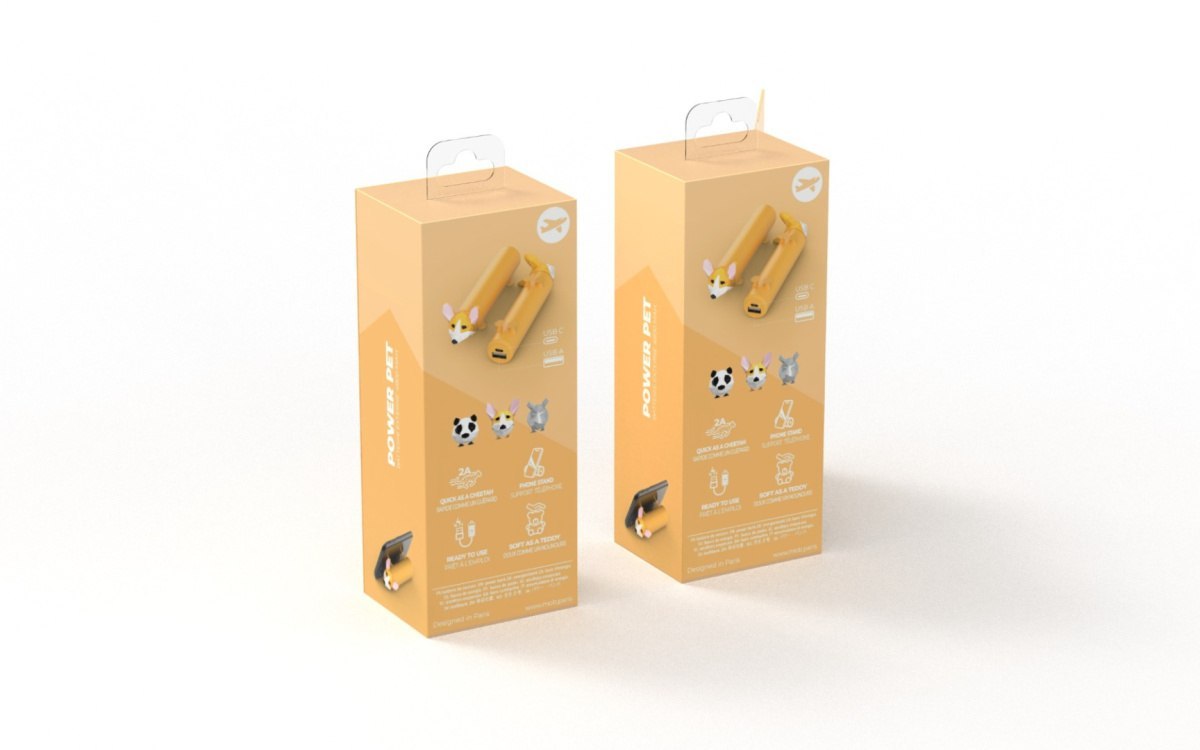 Powerbank piesek corgi w jasnożółtym opakowaniu od Yamann z uroczym wzorem psa