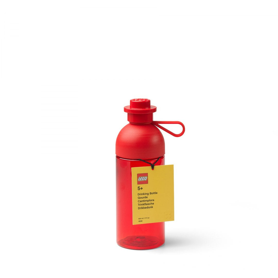 Czerwona butelka LEGO 500 ml z nakrętką przypominającą klocki LEGO idealna dla dzieci