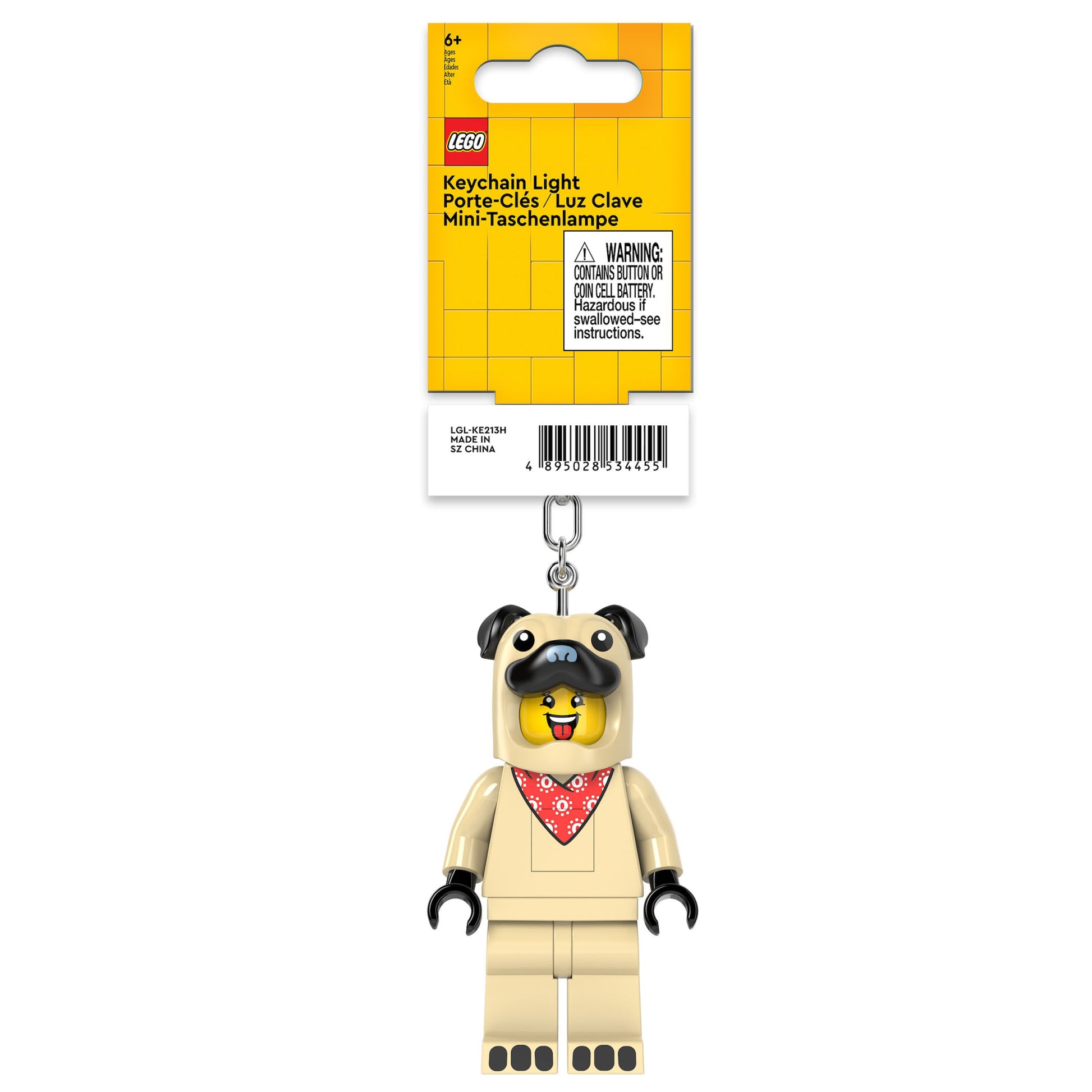 Brelok z latarką LEGO Mops w kształcie postaci LEGO z beżowym ubraniem i czerwonym szalikiem