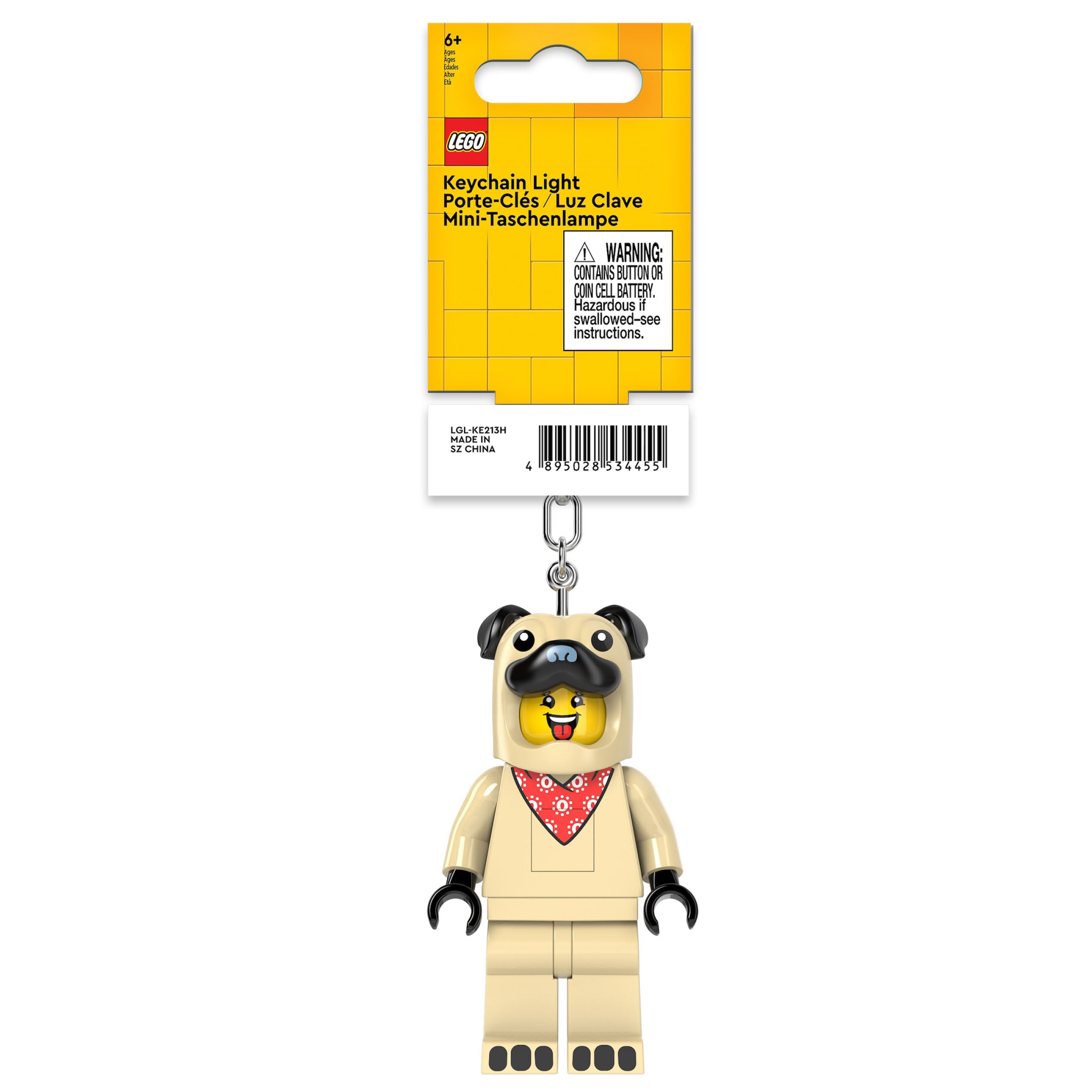 Brelok z latarką LEGO Mops w kształcie postaci LEGO z beżowym ubraniem i czerwonym szalikiem