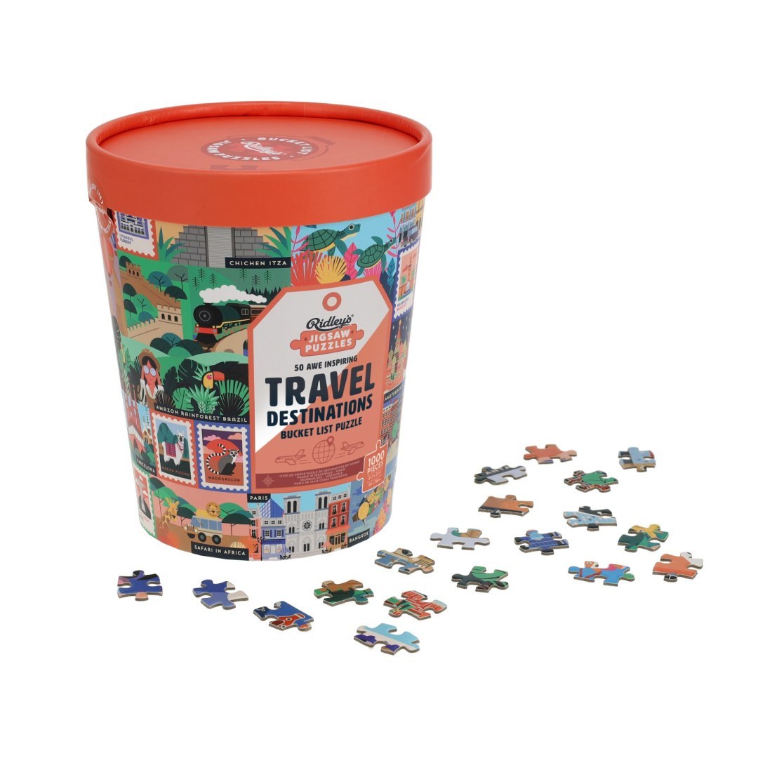 Galison puzzle podróżnicze 1000 elementów z ilustracjami miejsc na świecie w kolorowym opakowaniu