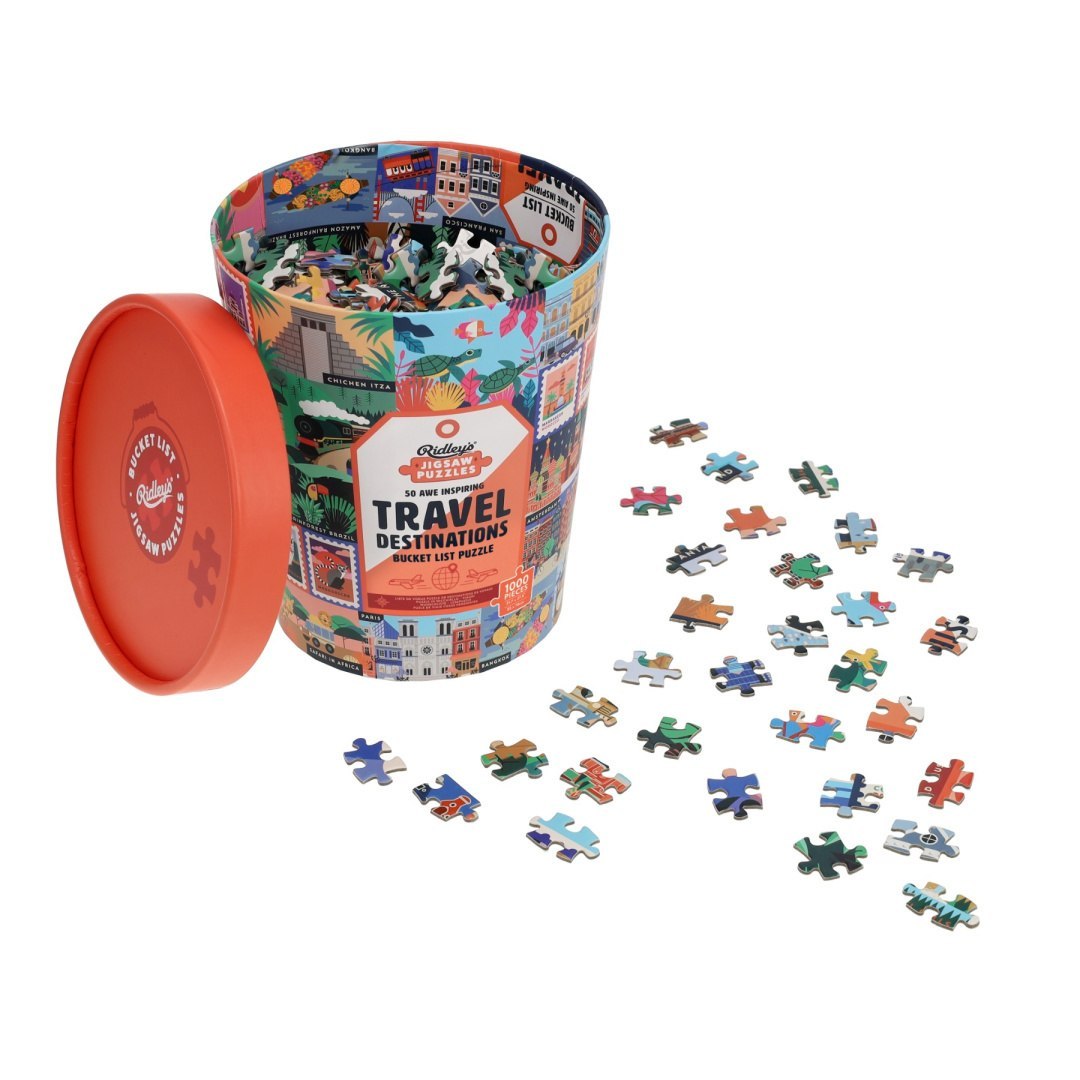 Galison puzzle podróżnicze 1000 elementów w kolorowym opakowaniu z obrazkami miast i podróży