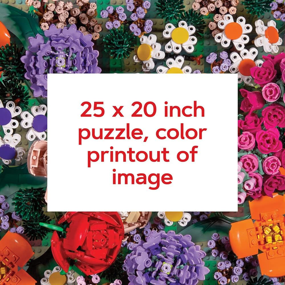 Kolorowy puzzle LEGO botanika 1000 elementów przedstawiający różnorodne kwiaty i rośliny z klocków LEGO
