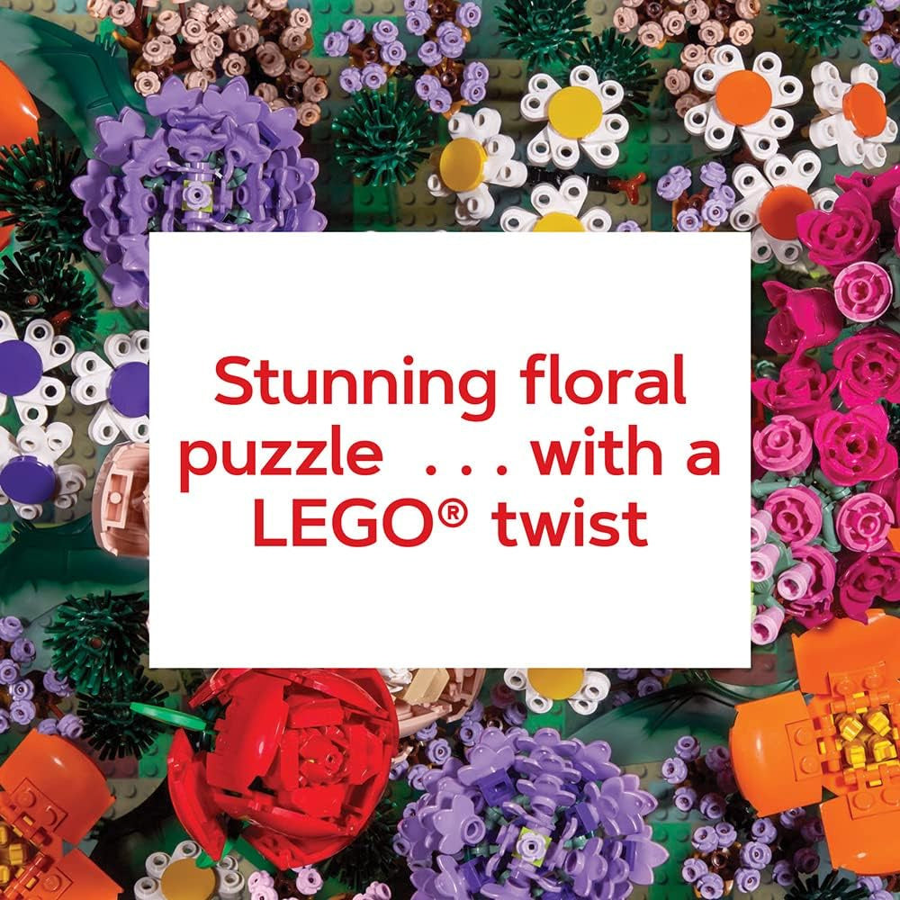 Kolorowy puzzle LEGO botanika 1000 elementów przedstawiający kwiaty z klocków LEGO