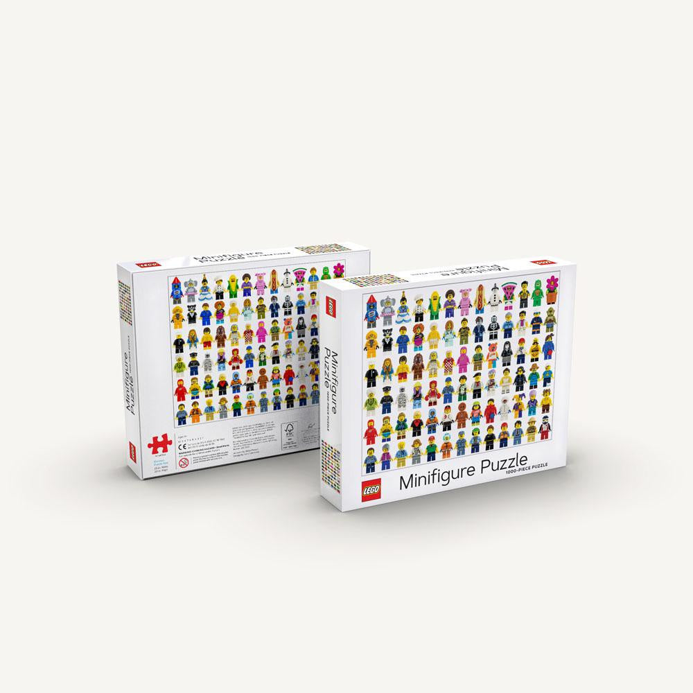 Puzzle LEGO minifigurki 1000 elementów z kolorowymi postaciami na białym tle