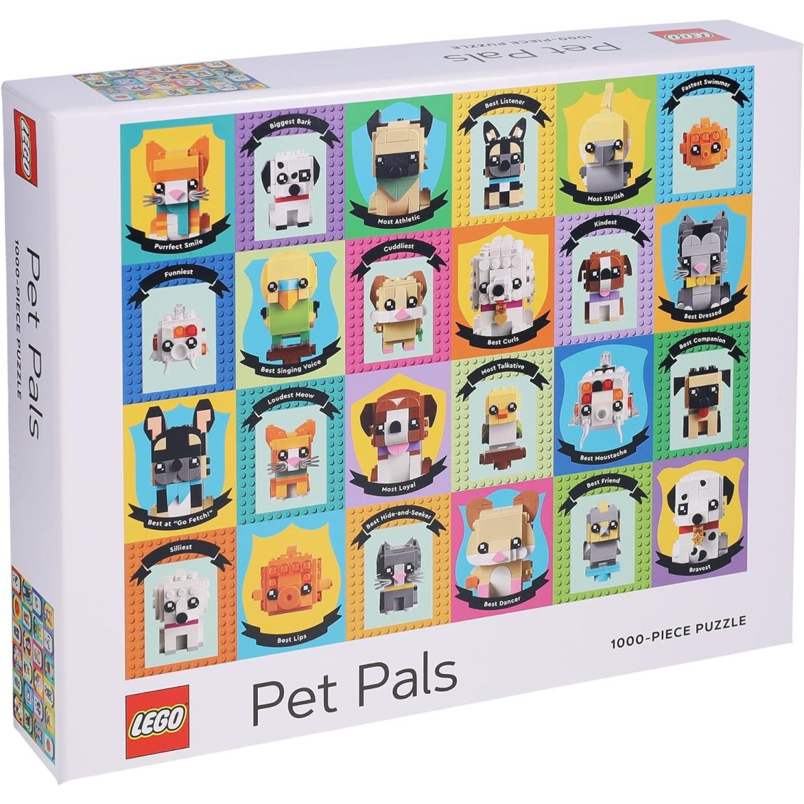 Puzzle LEGO 1000 elementów Pet Pals z kolorowymi obrazkami zwierząt na opakowaniu
