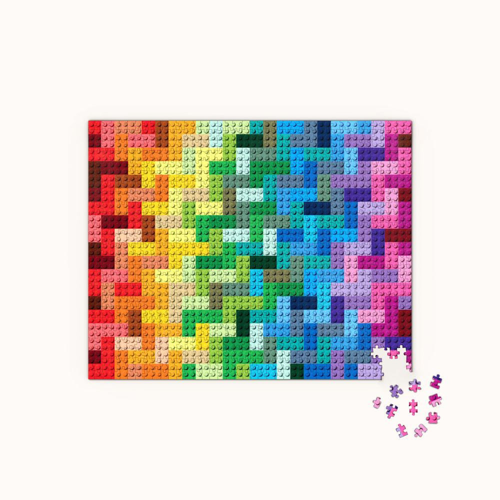 Kolorowe puzzle LEGO 1000 elementów przedstawiające wzór z klocków w tęczowych kolorach