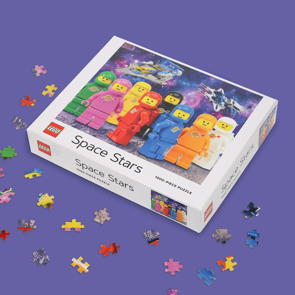 puzzle LEGO kosmos 1000 elementów z kolorowymi figurkami astronautów na tle kosmosu
