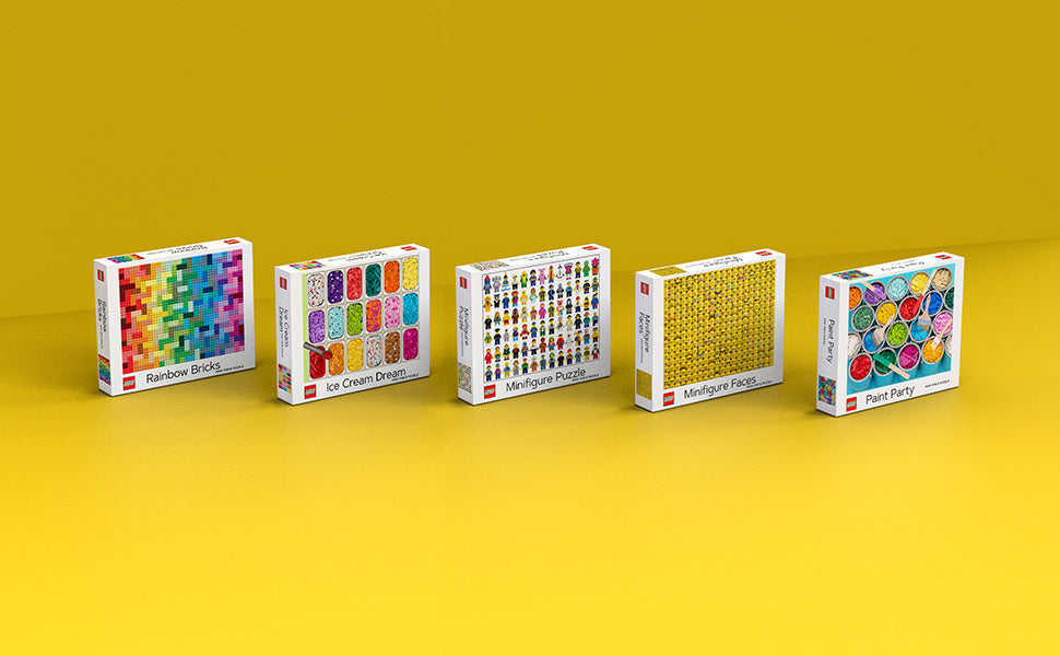 Zestaw pięciu puzzli LEGO różnych wzorów w opakowaniach, puzzle LEGO kosmos 1000 elementów