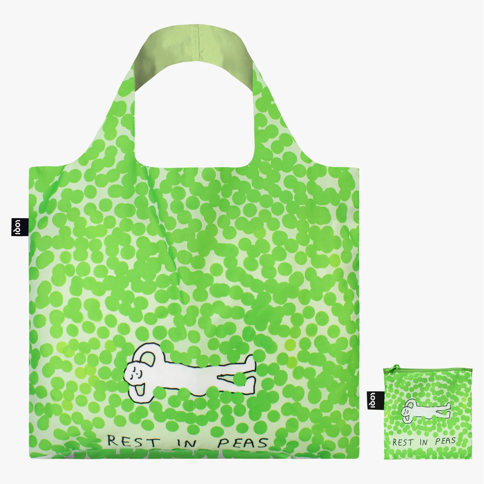Zielona torba LOQI Rest in Peas z nadrukiem leżącego misia i napisem Rest in Peas