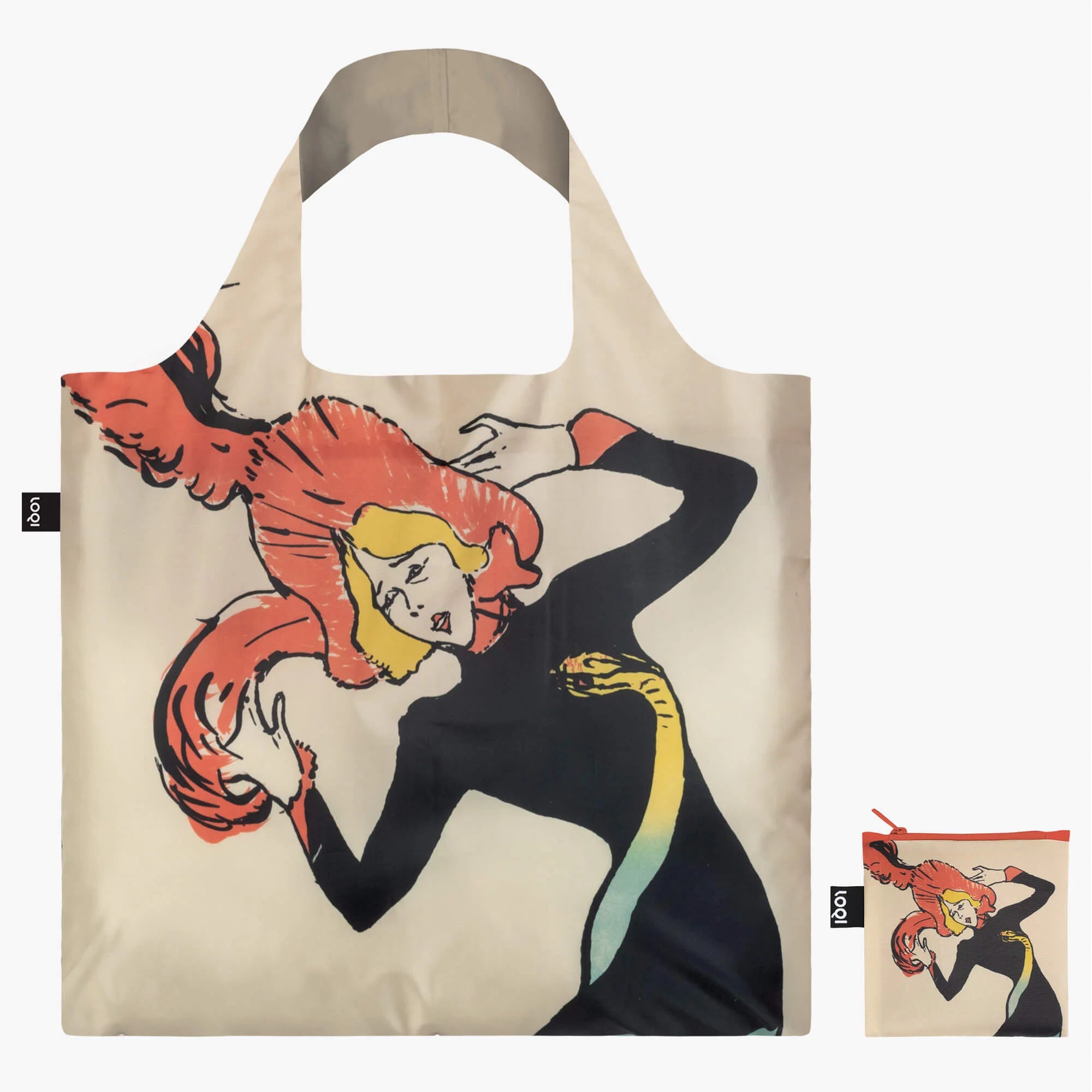 Torba LOQI Henri de Toulouse-Lautrec z kolorową grafiką kobiety w ruchu na beżowym tle