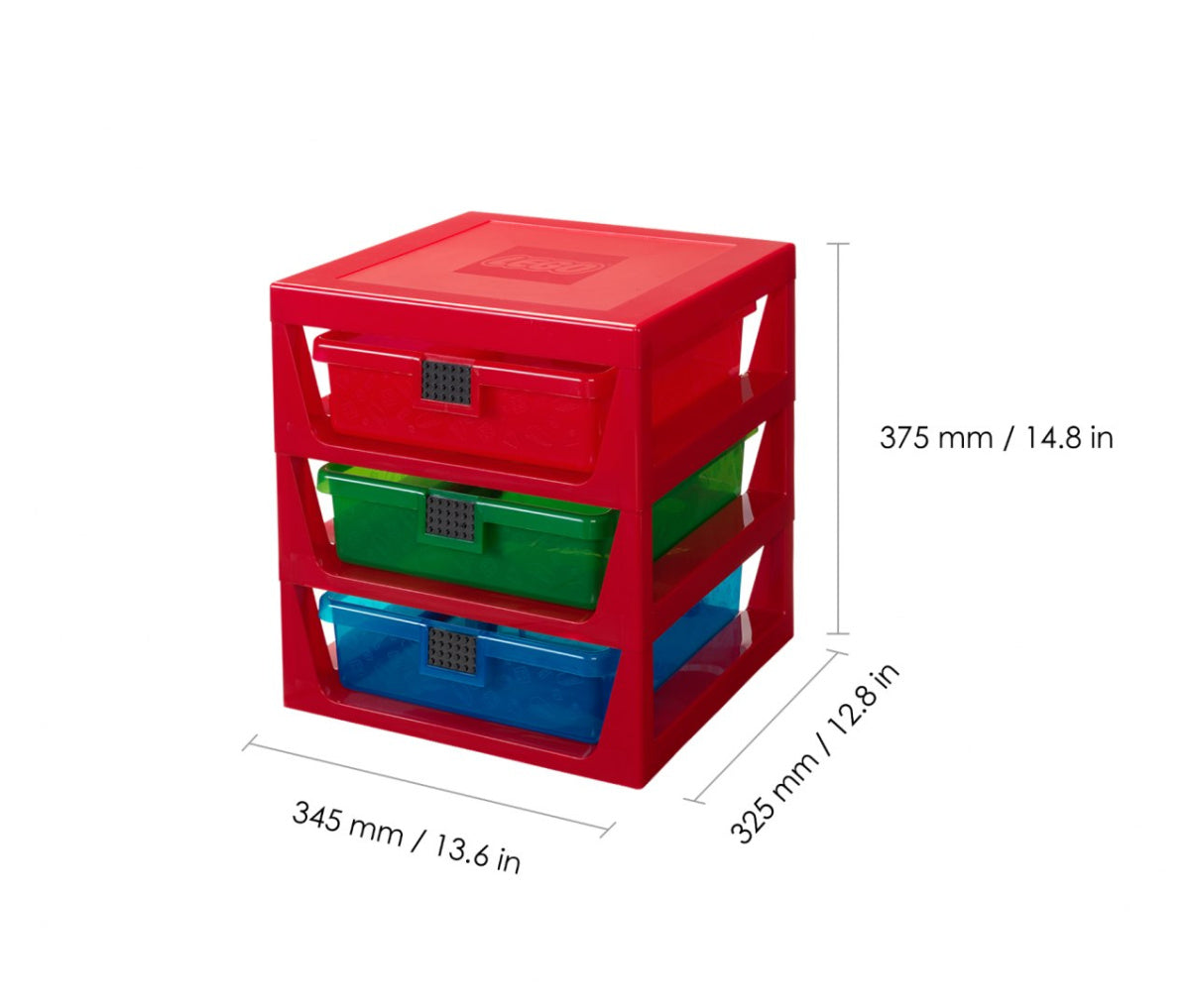 Regał LEGO z szufladami w kolorach czerwonym, zielonym i niebieskim, plastikowy organizer