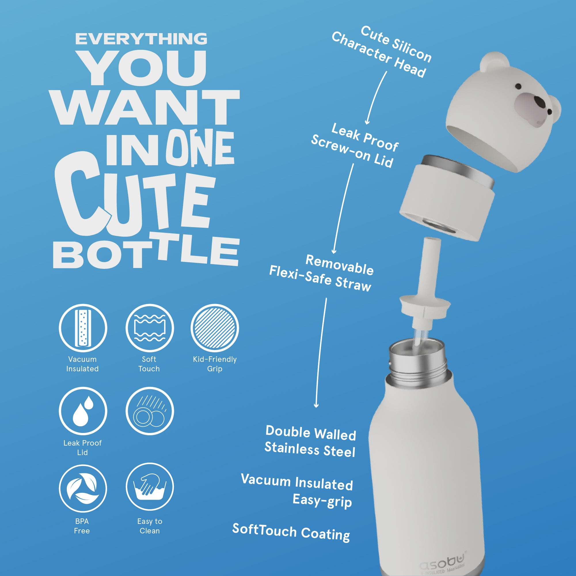 Bouteille isotherme avec paille Asobu Beasts – Ours polaire 460 ml