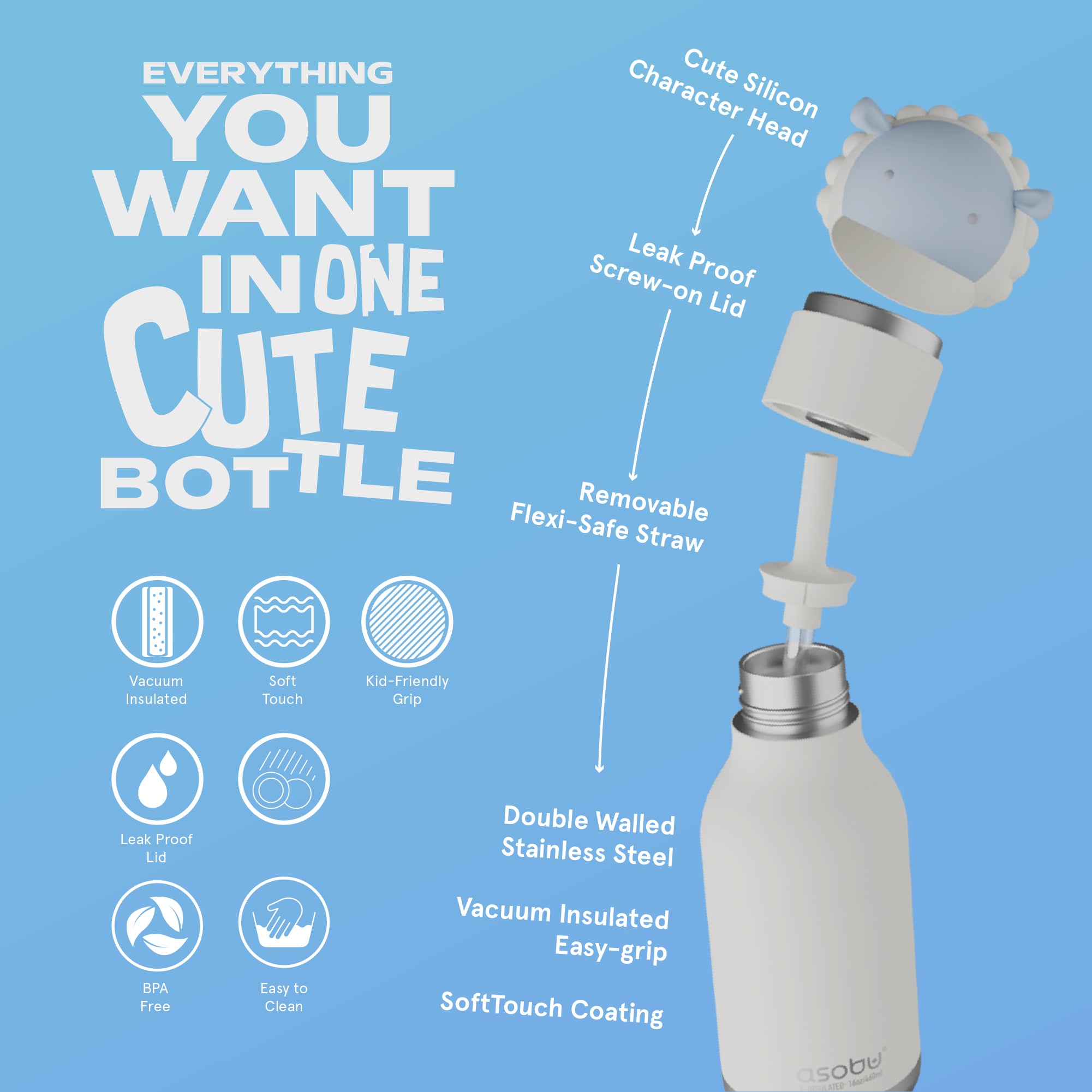 Bouteille thermique Bestie Asobu avec paille – Mouton 460 ml