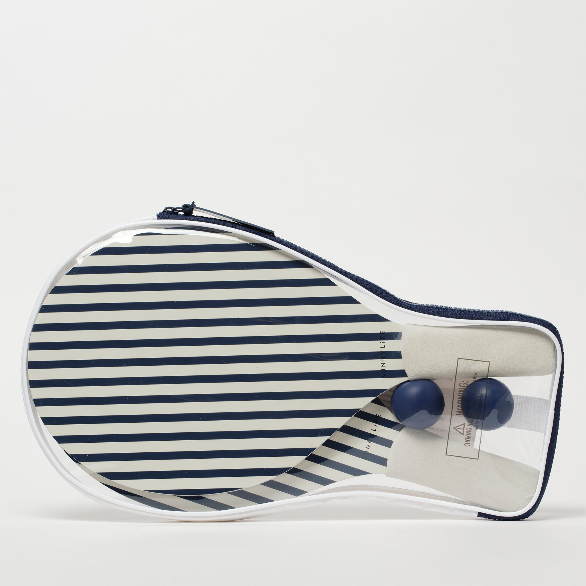 Zestaw rakiet plażowych LOQI z granatowymi piłkami w etui z przezroczystą przednią częścią